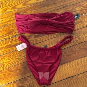 NWT PLT Bikini Berry Red Double Strap Bikini Bottom & Top Size 14